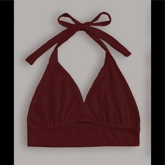 💋Sexy Rib Knit Backless Maroon Regular Fit Crop Cami Halter Top - Picture 3 of 3